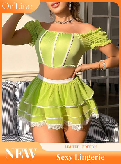 Sexy green silk bikini erotic suit seduction lingerie miniskirt doll dress