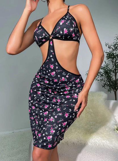 Sexy halterneck black daisy lingerie see-through hollow suspender pajamas nightdress