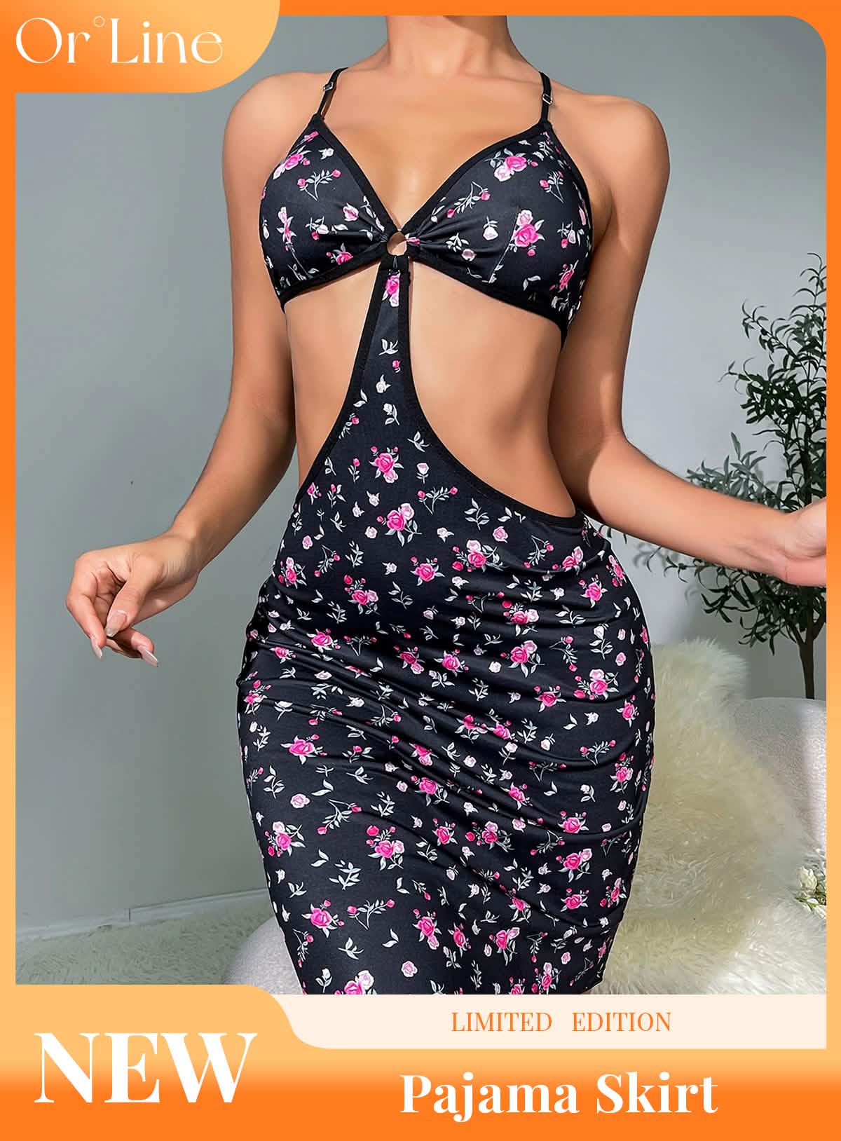 Sexy halterneck black daisy lingerie see-through hollow suspender pajamas nightdress