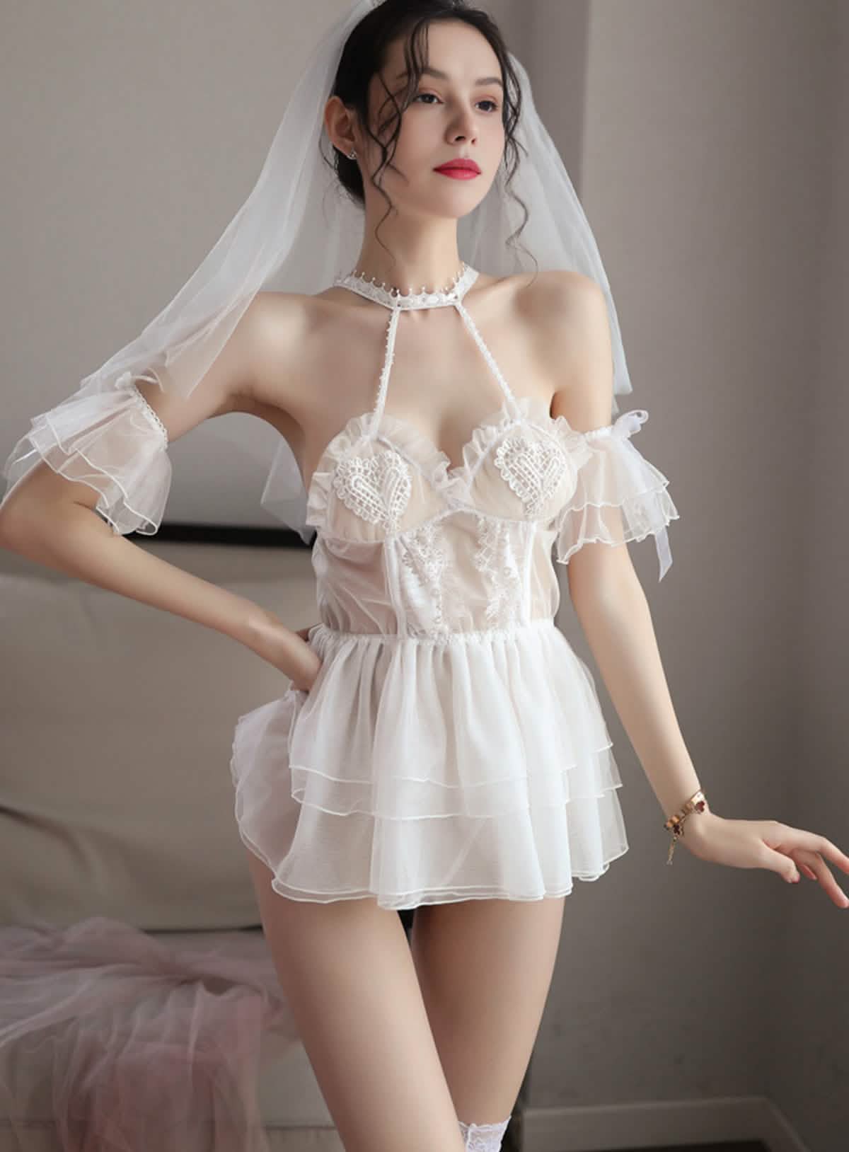Sexy lace embroidery bridal wedding dress style see-through sexy lingerie bodysuit miniskirt