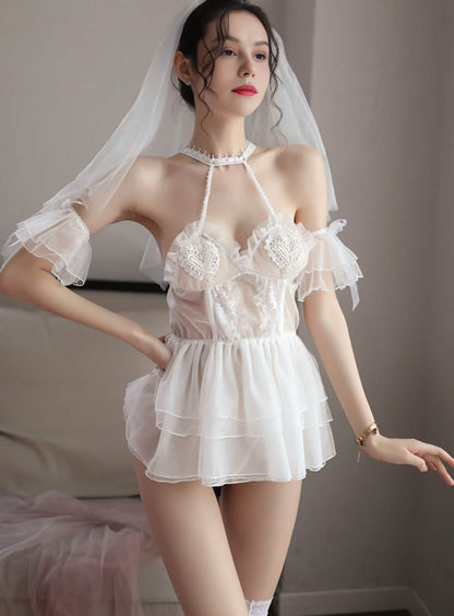 Sexy lace embroidery bridal wedding dress style see-through sexy lingerie bodysuit miniskirt