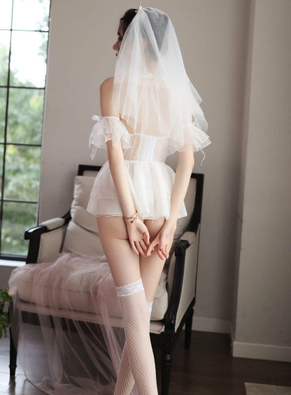 Sexy lace embroidery bridal wedding dress style see-through sexy lingerie bodysuit miniskirt