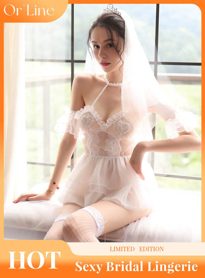 Sexy lace embroidery bridal wedding dress style see-through sexy lingerie bodysuit miniskirt