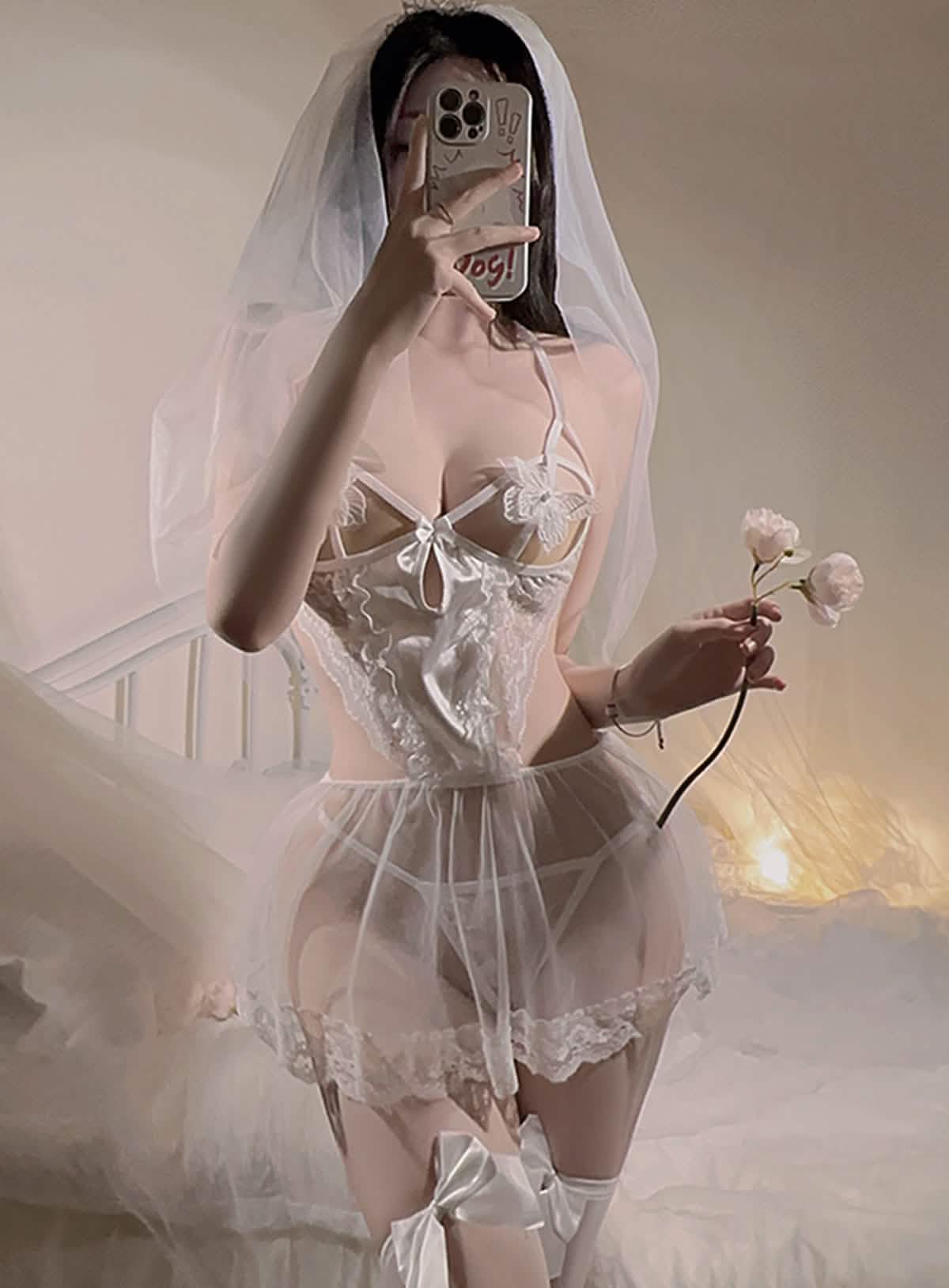 Sexy lace embroidery bridal wedding dress style see-through sexy lingerie bodysuit miniskirt