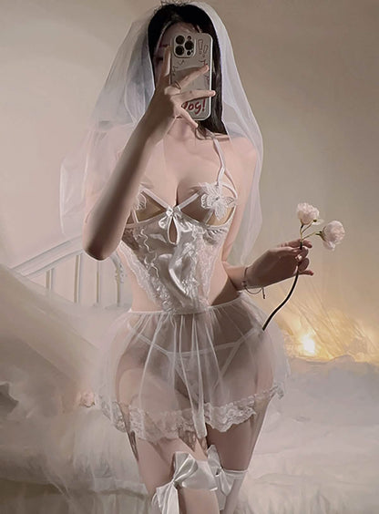 Sexy lace embroidery bridal wedding dress style see-through sexy lingerie bodysuit miniskirt