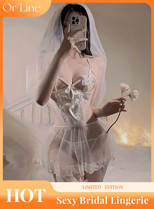 Sexy lace embroidery bridal wedding dress style see-through sexy lingerie bodysuit miniskirt