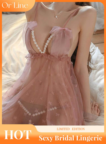 Sexy lace embroidery embroidery lingerie see-through cutout seduction exposing body pearl thong panties set