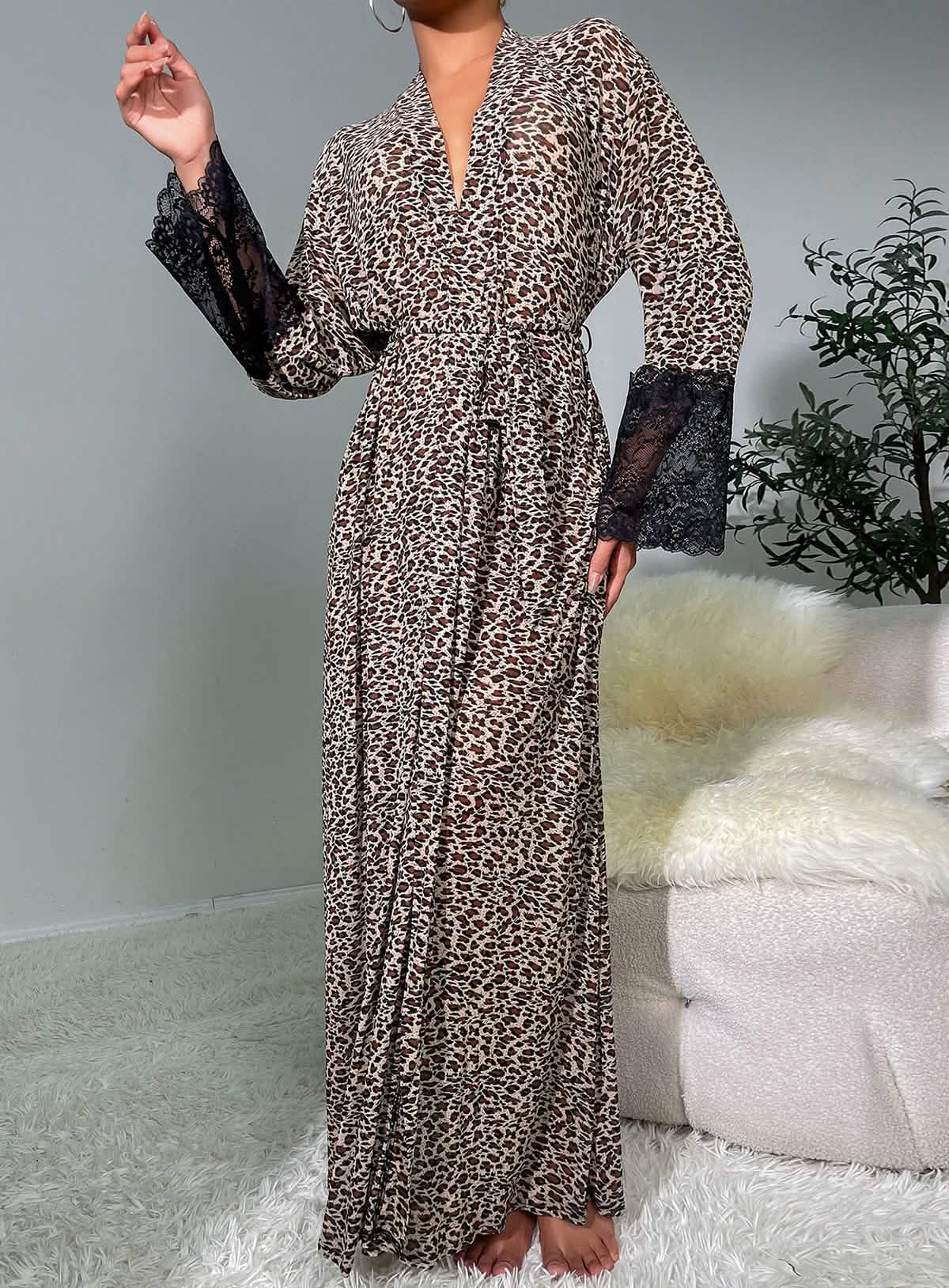 Sexy lace lingerie leopard print lingerie see-through nightgown pajamas nightdress