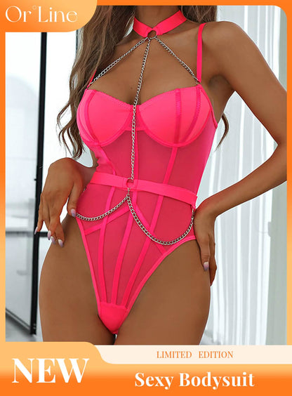 Sexy lace see-through one-piece underwear metal chain waist support underwear