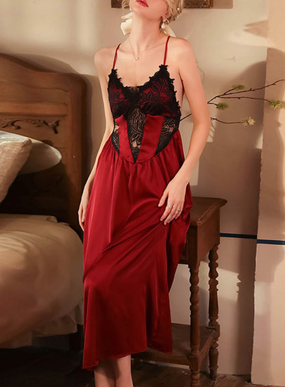 Sexy lace silk see-through suspender nightdress pajamas