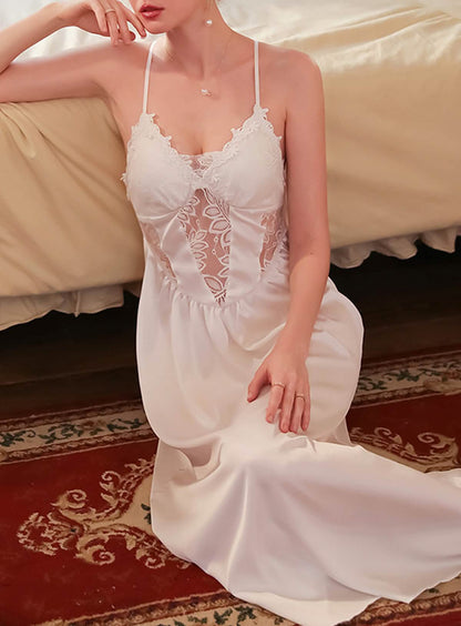 Sexy lace silk see-through suspender nightdress pajamas