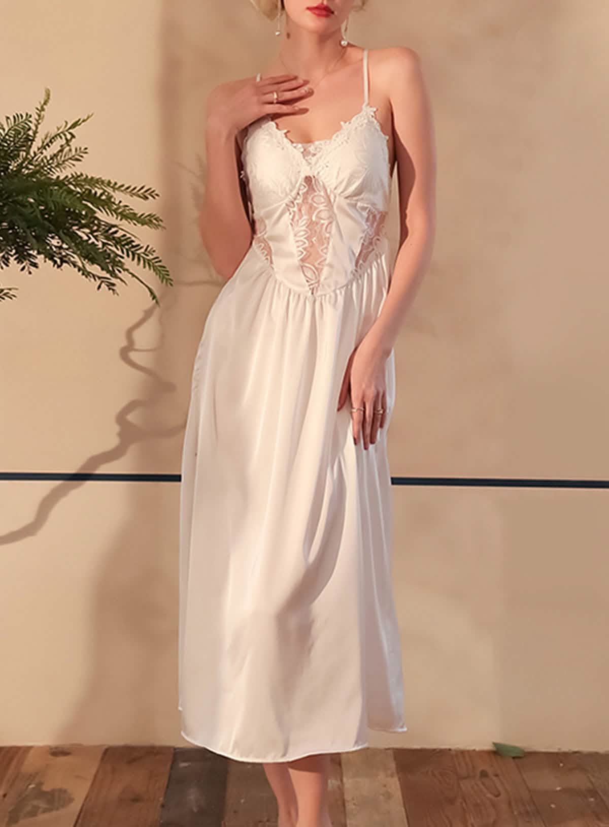 Sexy lace silk see-through suspender nightdress pajamas