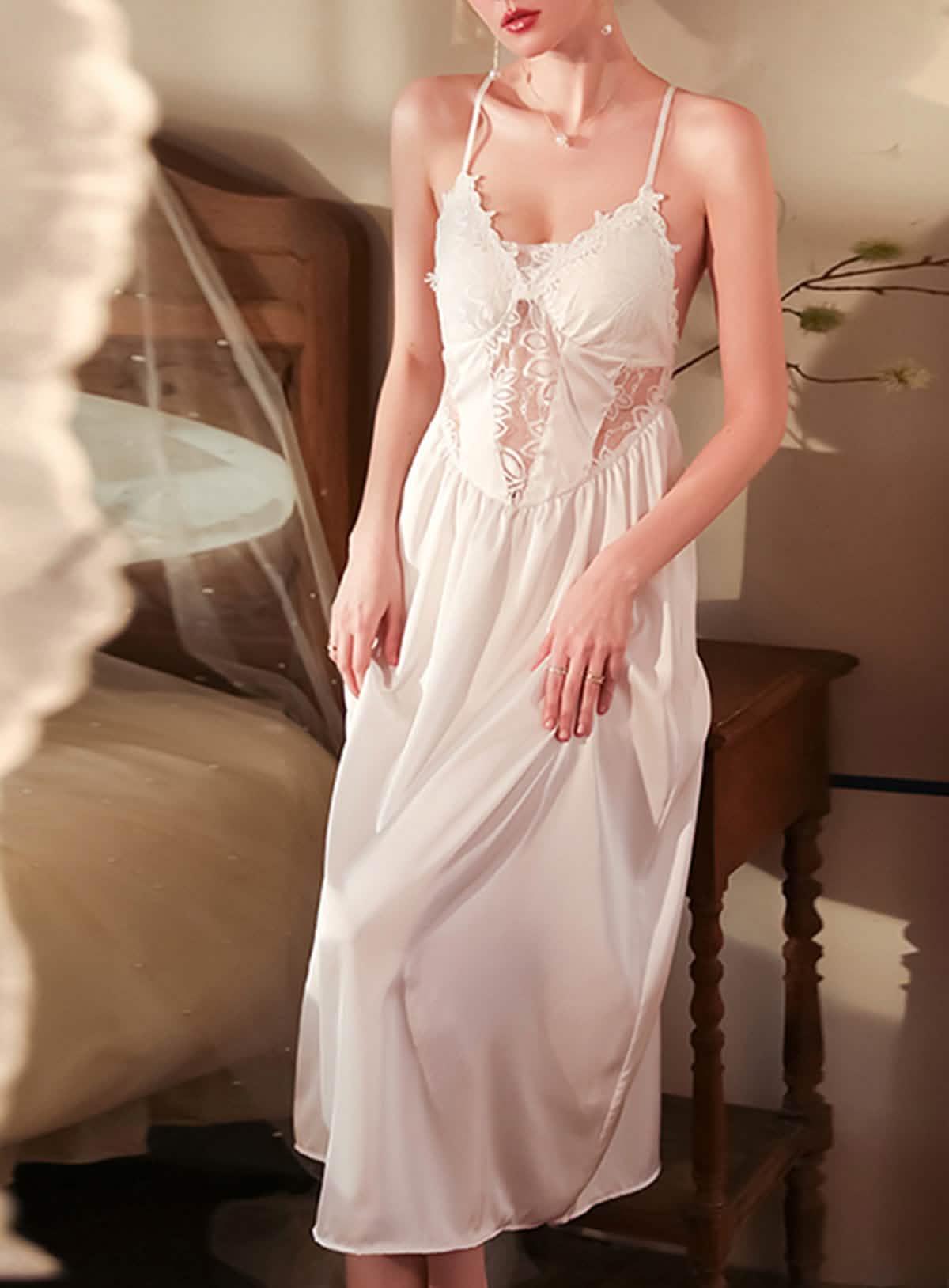 Sexy lace silk see-through suspender nightdress pajamas