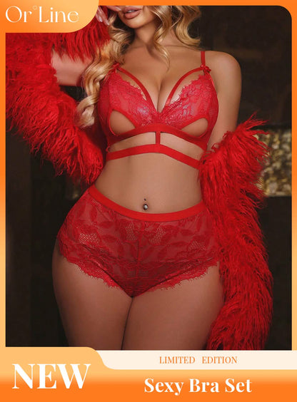 Sexy pink lace embroidery embroidery bikini erotic seduction lingerie three-point bra panties set