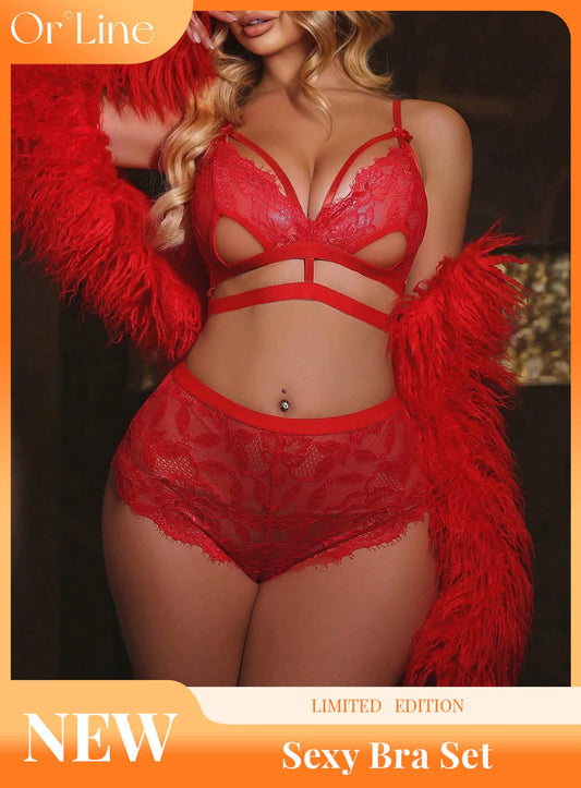 Sexy pink lace embroidery embroidery bikini erotic seduction lingerie three-point bra panties set