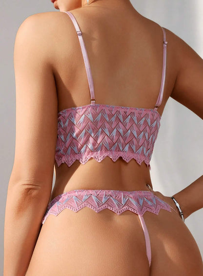 Sexy pink lace embroidery lingerie bikini see-through hollow sexy bra panties set