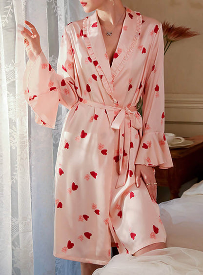 Sexy pink silk cute palace style high slit pajamas, nightgowns, bathrobes, morning robes