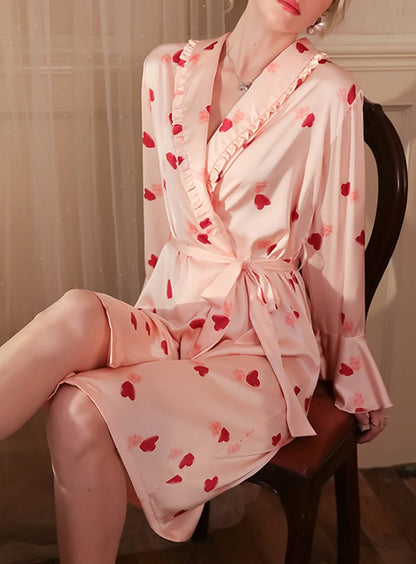 Sexy pink silk cute palace style high slit pajamas, nightgowns, bathrobes, morning robes