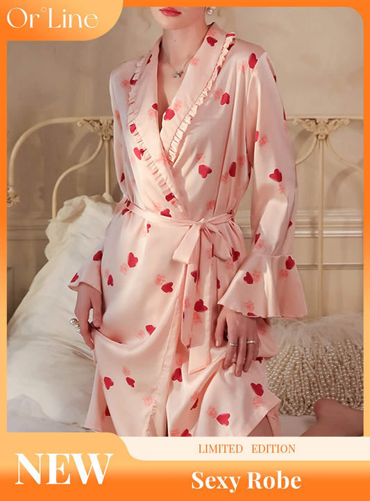 Sexy pink silk cute palace style high slit pajamas, nightgowns, bathrobes, morning robes