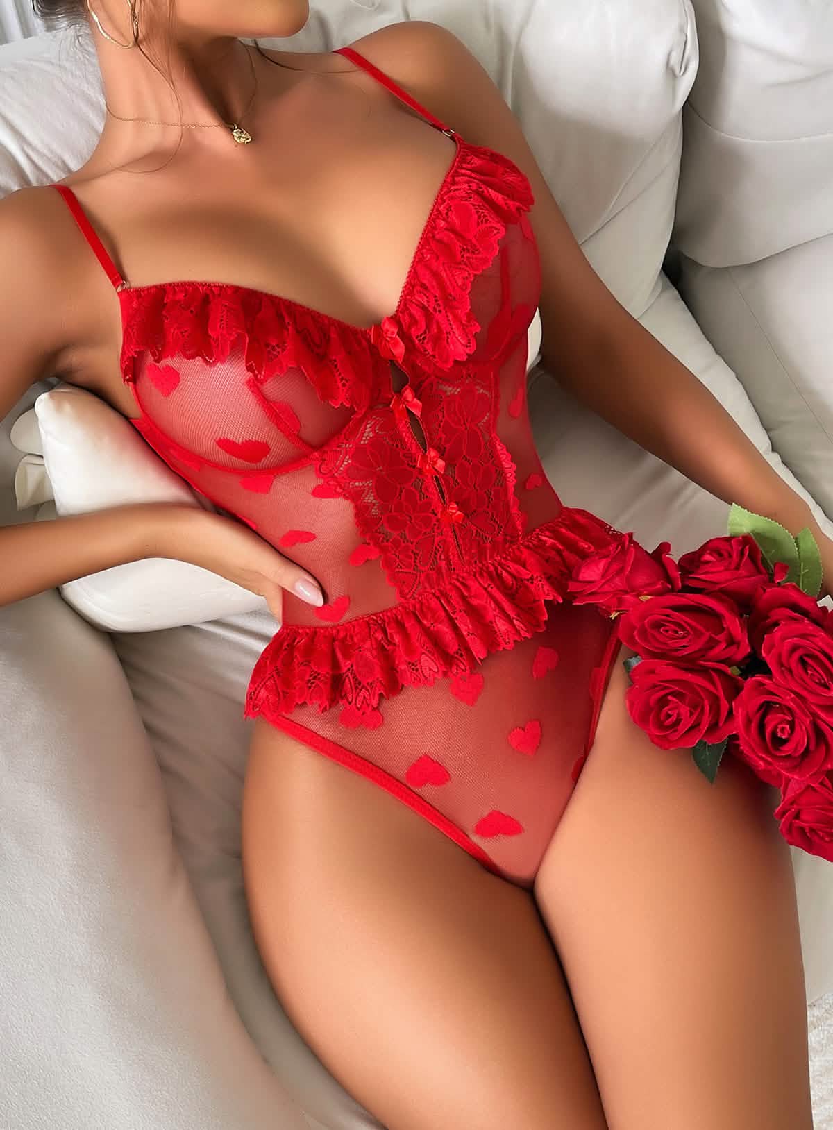 Red Lace Heart Embroidered See-Through Teddy Bodysuit