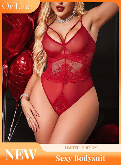 Sexy red lace embroidery embroidered lingerie erotic suit temptation opening cutout see-through onesuit miniskirt