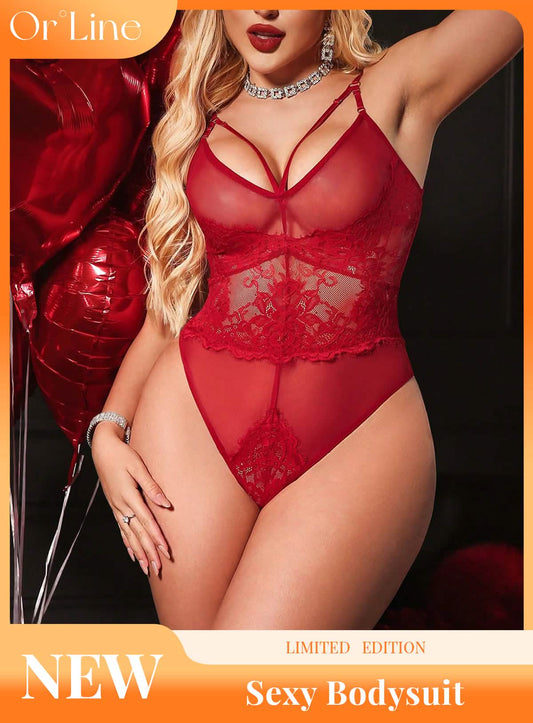 Sexy red lace embroidery embroidered lingerie erotic suit temptation opening cutout see-through onesuit miniskirt