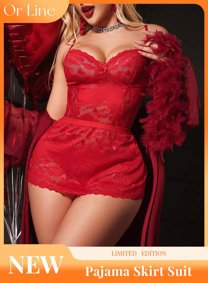 Sexy red lace embroidery embroidered lingerie erotic suit temptation opening cutout see-through onesuit miniskirt