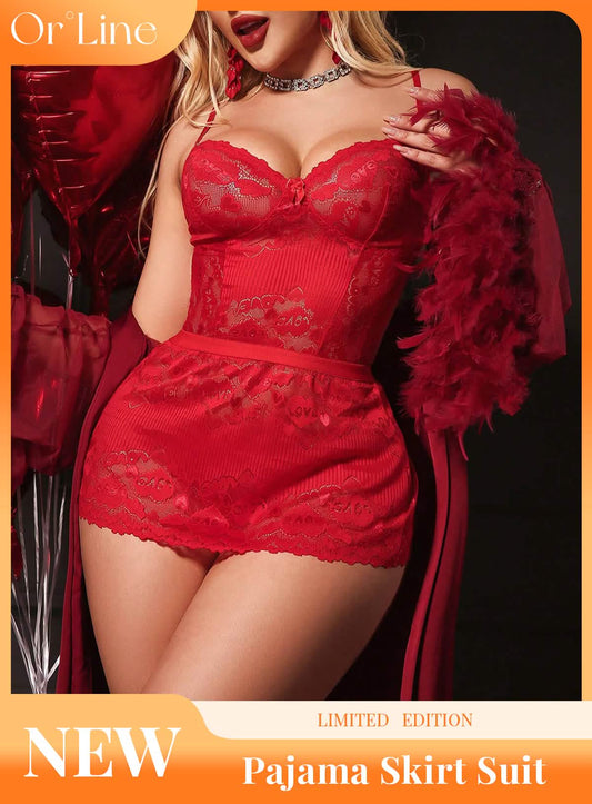 Sexy red lace embroidery embroidered lingerie erotic suit temptation opening cutout see-through onesuit miniskirt