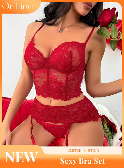 Sexy red lace embroidery embroidery see-through hollow pajamas nightdress lace miniskirt thong set