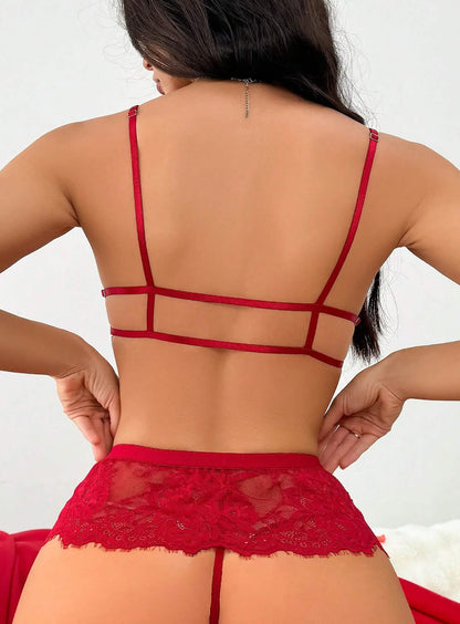 Sexy red lace embroidery lingerie see-through hollow sexy bodysuit