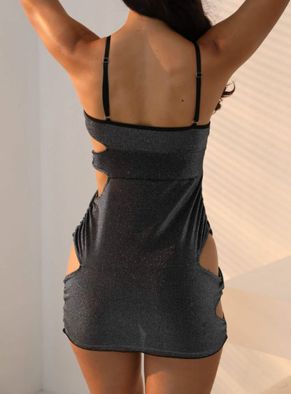 Sexy shiny black lingerie see-through hollow suspender pajamas nightdress