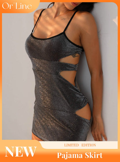 Sexy shiny black lingerie see-through hollow suspender pajamas nightdress