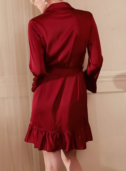 Sexy silk French court style shirt dress with belt sheer pajamas dressing gown
