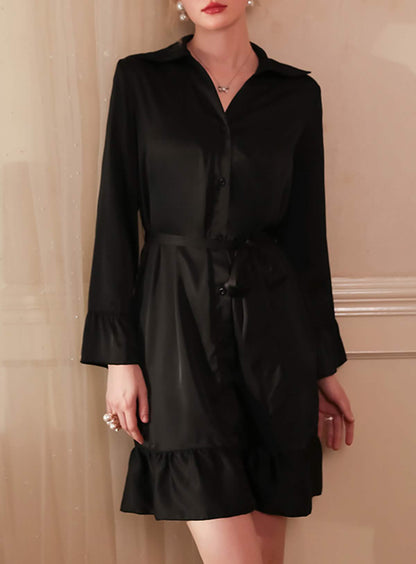 Sexy silk French court style shirt dress with belt sheer pajamas dressing gown