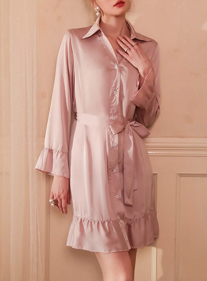 Sexy silk French court style shirt dress with belt sheer pajamas dressing gown