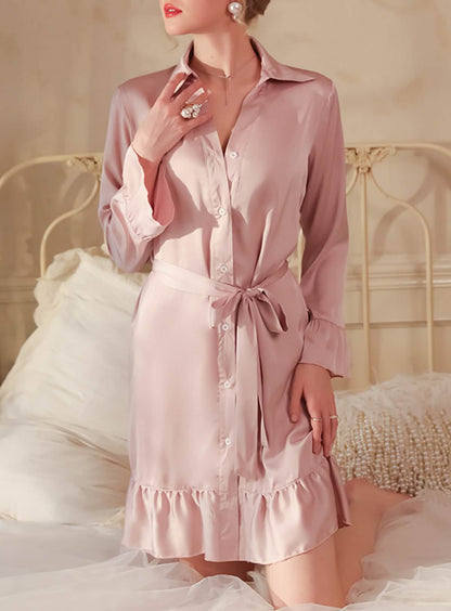 Sexy silk French court style shirt dress with belt sheer pajamas dressing gown