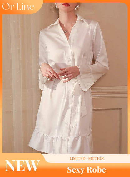 Sexy silk French court style shirt dress with belt sheer pajamas dressing gown