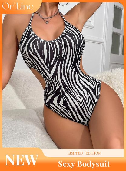 Sexy silk high stretch zebra print lingerie see-through cut-out seduction exposing one-piece swimsuit