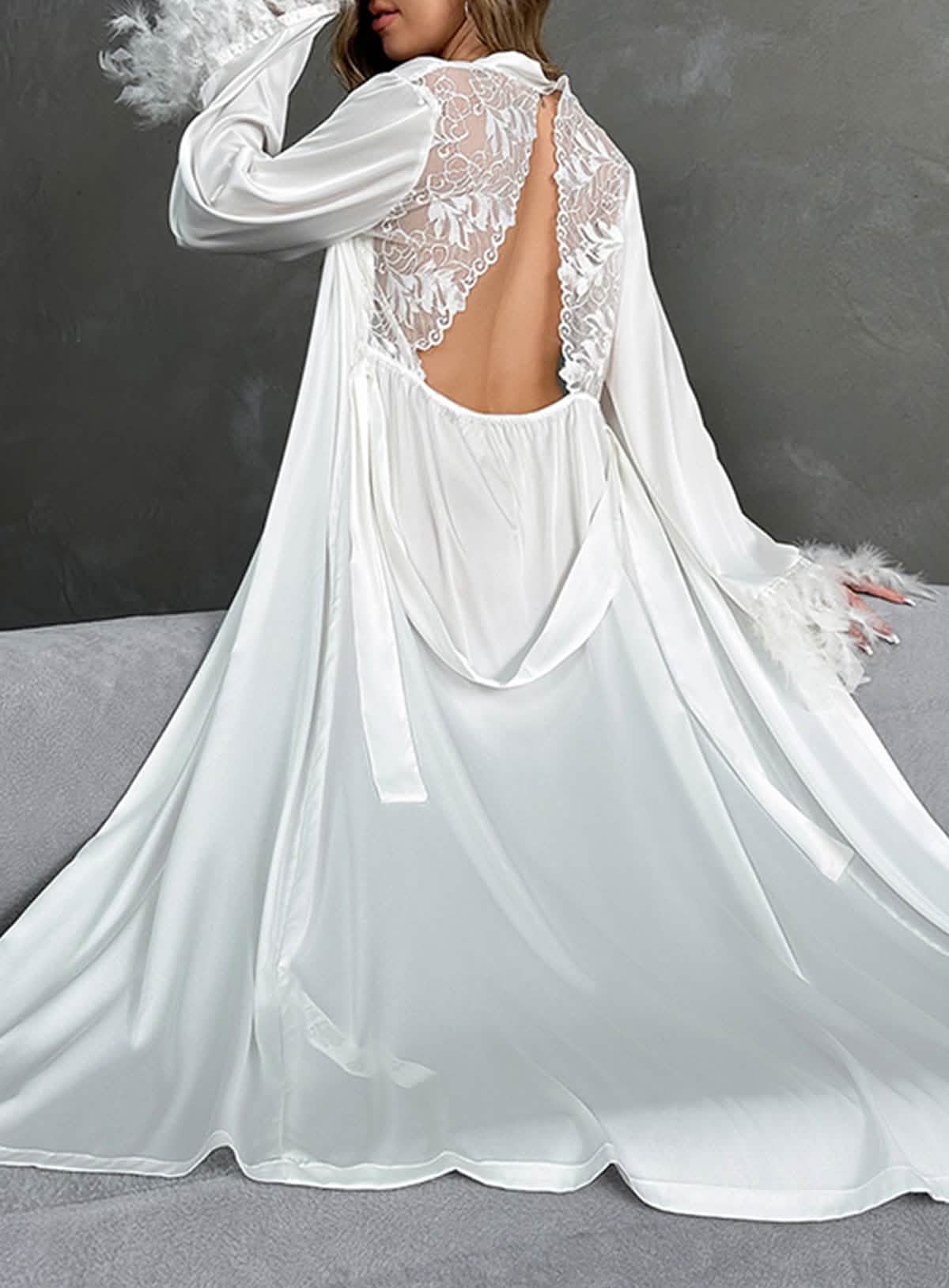 Sexy silk lace embroidery bridal backless deep V low cut lingerie see-through cut-out seduction pajamas nightgown bathrobes
