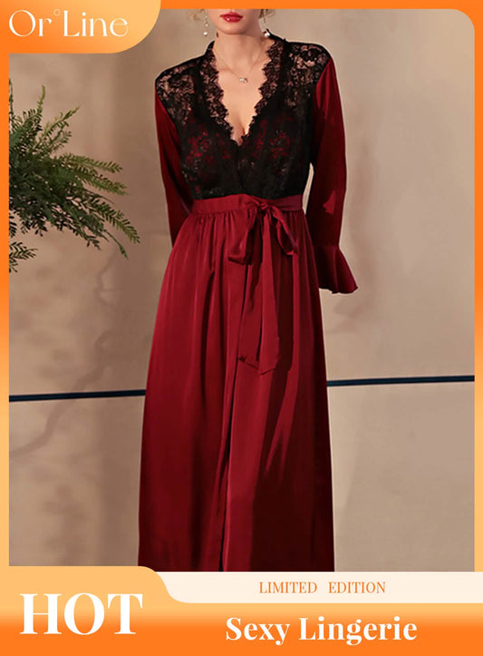 Sexy silk lace embroidery bridal belt low cut lingerie see-through cut-out seduction pajamas nightgown bathrobe