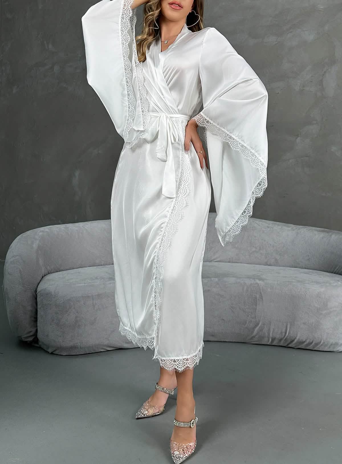 Sexy silk lace embroidery bridal dress style deep V low cut lingerie see-through cut-out seduction pajamas nightgown bathrobes