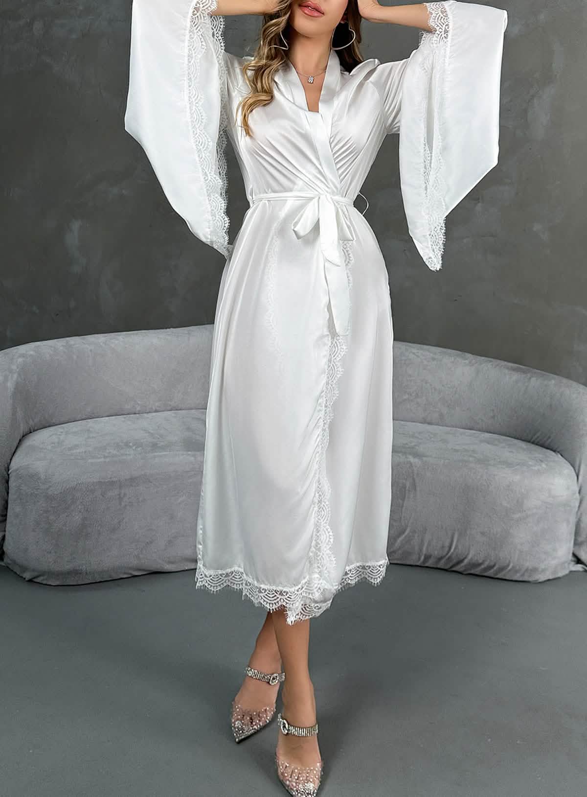 Sexy silk lace embroidery bridal dress style deep V low cut lingerie see-through cut-out seduction pajamas nightgown bathrobes