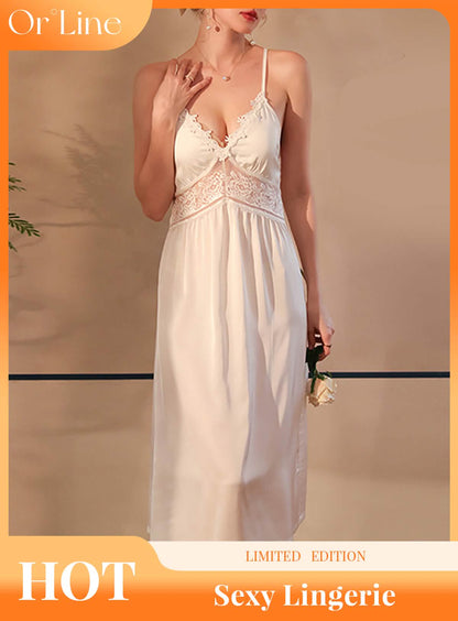 Sexy silk lace embroidery bridal wedding dress style deep V low cut lingerie see-through cut-out seduction dress sundress