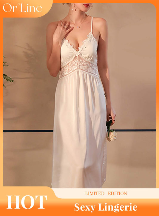 Sexy silk lace embroidery bridal wedding dress style deep V low cut lingerie see-through cut-out seduction dress sundress
