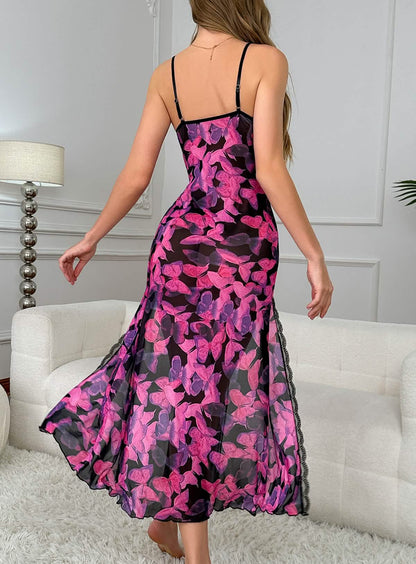 Sexy silk lace embroidery embroidered lingerie see-through cut-out seduction exposed sundress high slit maxi dress