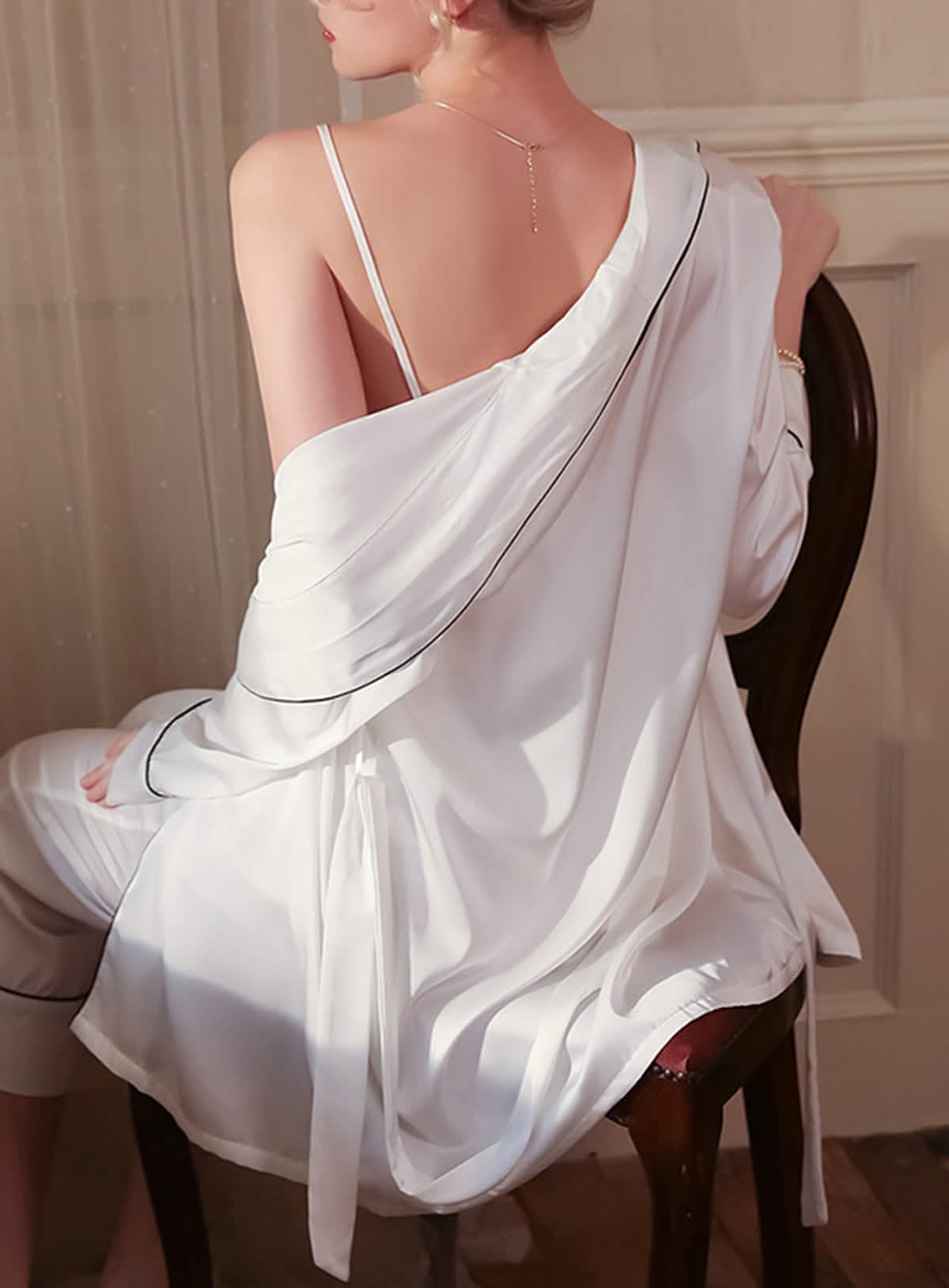 Sexy silk lace embroidery low cut open back sheer cut-out belt pajamas nightgowns suspender bathrobe trousers set