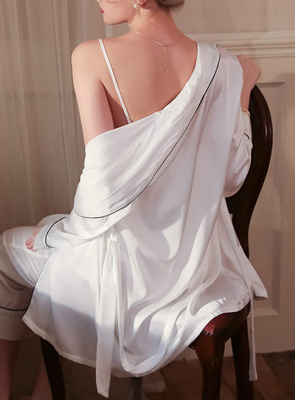 Sexy silk lace embroidery low cut open back sheer cut-out belt pajamas nightgowns suspender bathrobe trousers set
