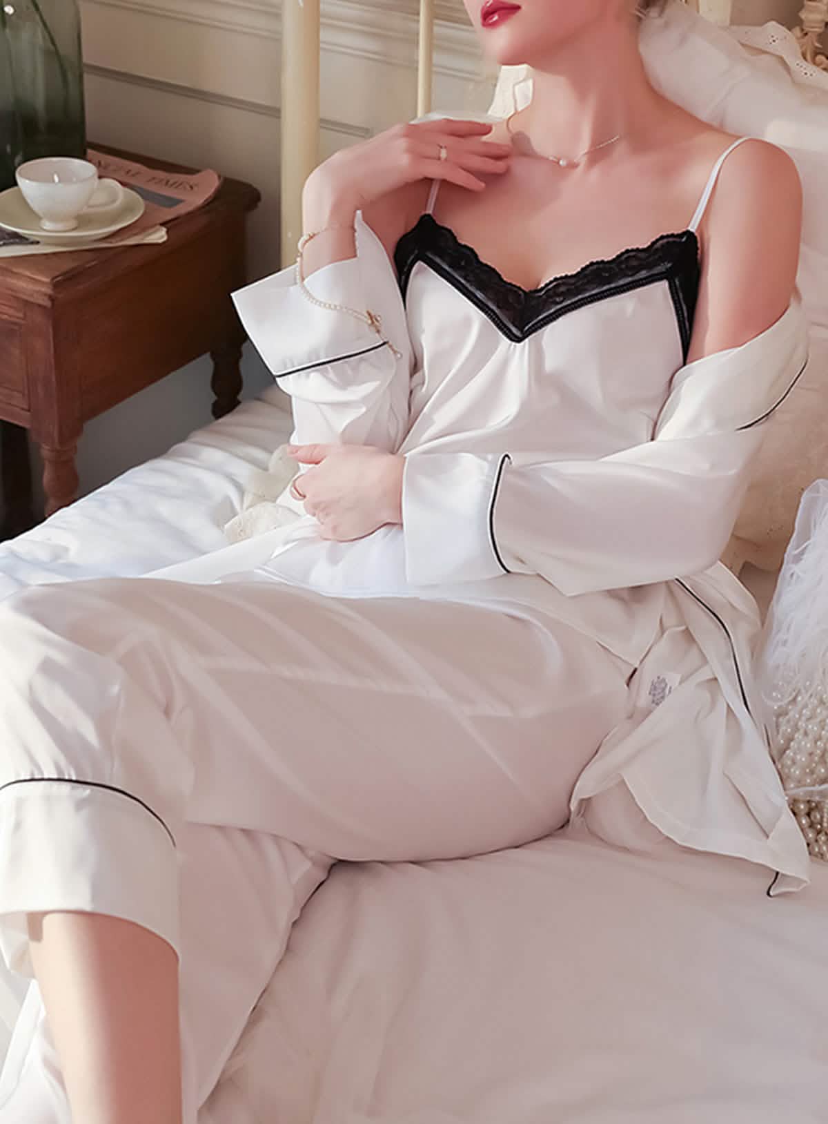 Sexy silk lace embroidery low cut open back sheer cut-out belt pajamas nightgowns suspender bathrobe trousers set
