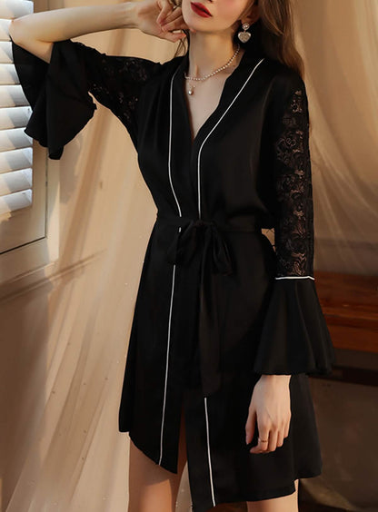 Sexy silk lace embroidery low cut open back sheer cut-out belt pajamas sundress sundress bathrobes