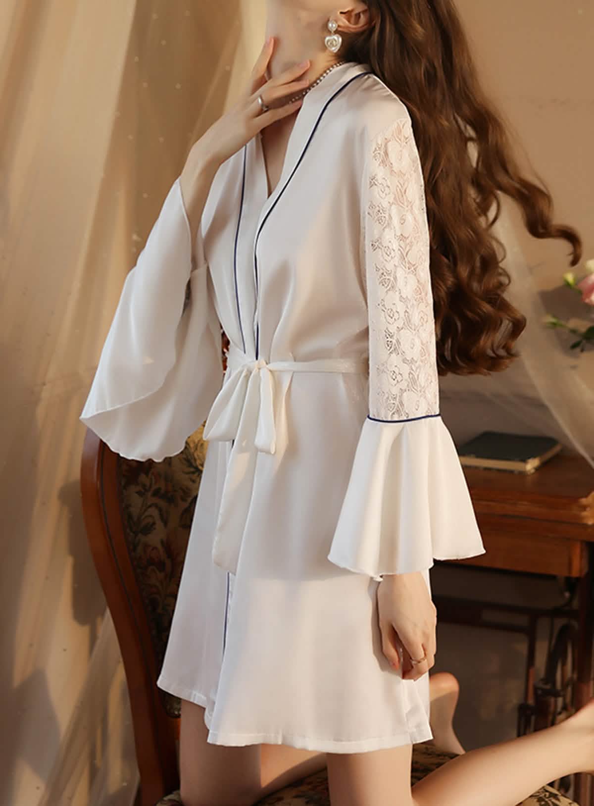 Sexy silk lace embroidery low cut open back sheer cut-out belt pajamas sundress sundress bathrobes